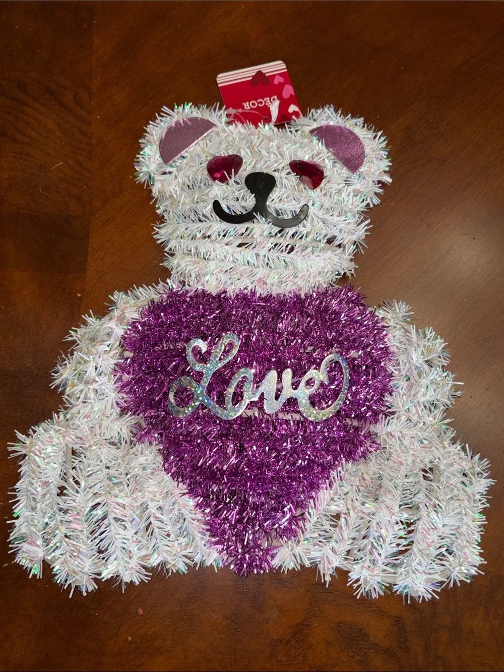 Shimmery White Tinsel Bear with Purple Heart 